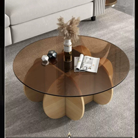 Table basse multifonctionnelle Wabi Sabi à base florale pour salon, plateau rond en verre trempé ambré résistant aux rayures, quatre pétales en MDF