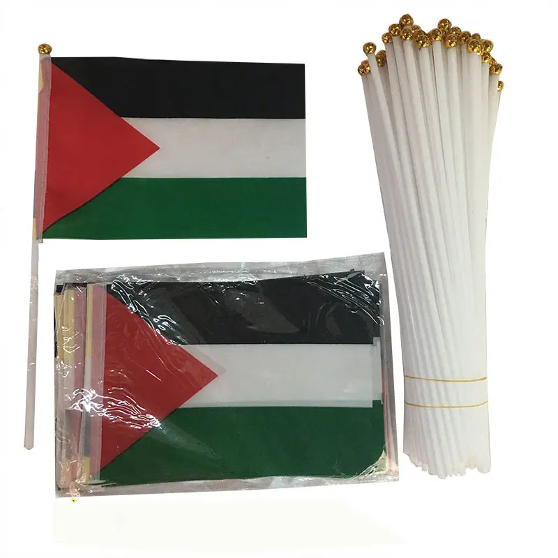 للبيع بالجملة طباعة صغيرة بالتصعيد علم فلسطين الوطني باليد مع سارية العلم البلاستيكية