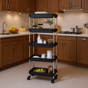 5 Tier Black <b>Kitchen</b> Trolley 16.5x11.4x50.4 Inch Iron And Abs <b>Storage</b> Unit For <b>Kitchen</b> - Product Image 2