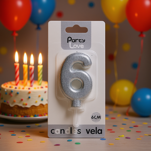 Vela de Cumpleaños con Número 6, Plateada con Purpurina, 6 cm, para Fiestas - Product Image 3