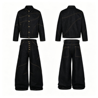 Ensemble veste courte en denim brut déstructuré à empiècements en coton respirant style streetwear pour homme et pantalon large à coupe incurvée