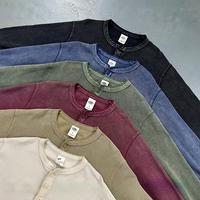 T-shirt Henley pour homme en tricot gaufré effet batik, 325 g/m², lourd, avec patte de boutonnage, manches longues, style vintage streetwear, personnalisable avec logo