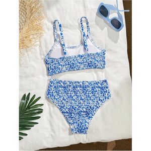 Conjunto de Bikini Floral para Niña FOXA, con Tirantes Finos, Estilo Smocked, Dos Piezas, Bandeau Elástico y Fruncido - Product Image 2