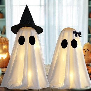 Decoración de Fantasma Luminoso de Halloween con Sombrero de Bruja y Lazo de Tela, Figura de Fantasma para Mesa, Decoración de Interiores para Fiestas en Casa - Product Image 4