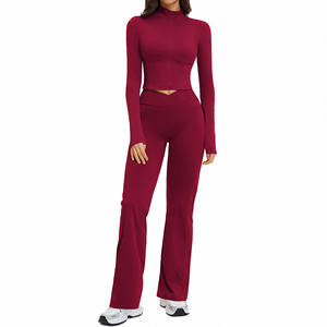 Disko Sport-traje de Yoga para mujer, conjunto de dos piezas, pantalones de manga larga de Color sólido con cuello alto para Fitness y correr, TZ2539 - Product Image 2