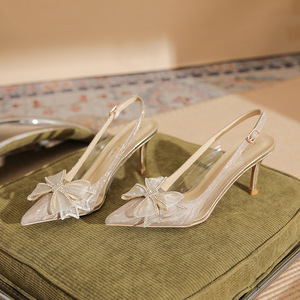 Sandalias de Tacón Alto Elegantes y Modernas para Mujer, con Punta en Pico, Adorno de Lazo con Pedrería, Tacón de 7MM, Ideales para Eventos Formales y Cenas de Negocios - Product Image 3