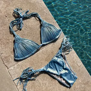 Costumi da bagno Bikini Sexy a maglia. Set Bikini brasiliano, <span class=keywords><strong>costume</strong></span> da bagno a due pezzi senza schienale da <span class=keywords><strong>donna</strong></span> per l'estate. - Product Image 1