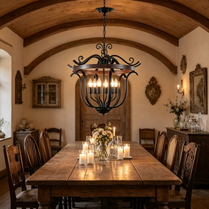Lampadario Vintage a 6 Luci in Ferro Battuto, <span class=keywords><strong>Metallo</strong></span> Nero con Anello Effetto Legno, Lampada a Sospensione a Candela per Ingresso e Corridoio - Product Image 3