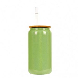 Vaso de Vidrio Esmerilado Degradado de Borosilicato de 16oz, para Sublimación, con Tapa de Bambú y Pajita, KONVINI G01, Vajilla Moderna para Bodas - Product Image 3