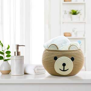 Panier de rangement rond en coton tressé en forme d'ours mignon pour le salon, panier de douche pour bébé, panier de rangement pour chambre à coucher, brun - Product Image 2