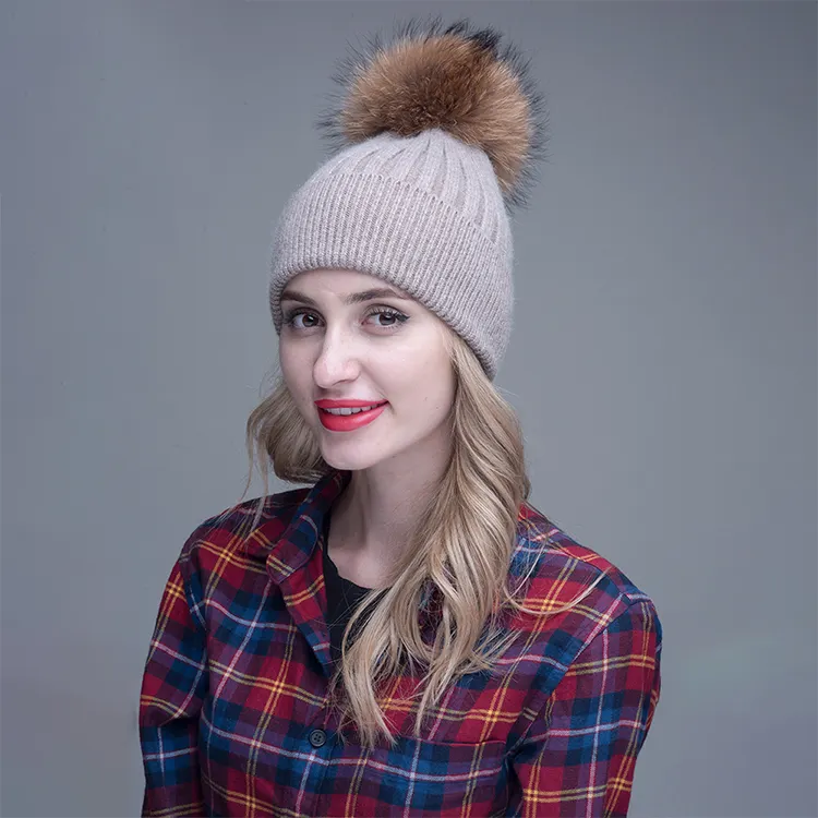 Ladies fashion angora beanie hat women winter beanie hats big raccoon fur pom pom angora hat
