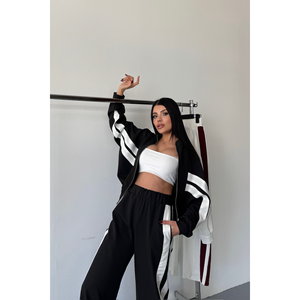 Ensemble de survêtement coupe-vent et respirant pour homme noir, avec rayures blanches épaisses imprimées, techniques de lavage, taille XL - Product Image 4