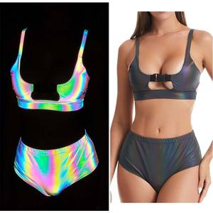 Dames Zomer 2 Stuks Stervormige Bh Veters Hoge Zichtbare Regenboog Reflecterende Bikini Badpak Rave Party Nachtclub Dameskleding - Product Image 3