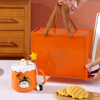 Nouveau Mug en Porcelaine Écologique Tête de Citrouille d'Halloween Mignonne avec Couvercle et Cuillère, Ensemble Cadeau 301-400ml, Motif Dessin Animé Elfe Démon, Vente Chaude 2025