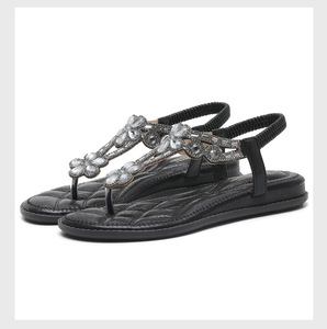 Flat Sandals Women Beige Rhinestone Decorated Open Toe Synthetic Upper EVA Midsole Rubber Outsole Summer Fashion Trend - Product Image 2
