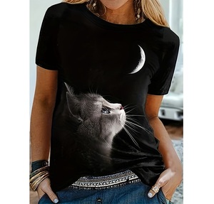 Real <strong>Cat</strong> Print Black Top Cute Tee Digital Printing Animal Print 3d T-shirt Women Kitten Short Sleeved Casual New T-shirt