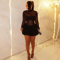 Robe mini sexy pour femme, taille empire, antistatique, coupe trapèze, couleur unie, col montant, manches longues, style Y2K, pour soirée