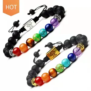 Stone Bead Bracelet Bileklik Yoga Anxiety Natural Healing Stones Pulseras 7 Chakra Lava Rock Stone Beaded Bracelets Bulk