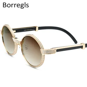 Borregls High Quality Buffalo Horn Sunglasses Men Round Luxury Diamond Round Buffs Eyeglasses Sun Glasses for Women 7550179