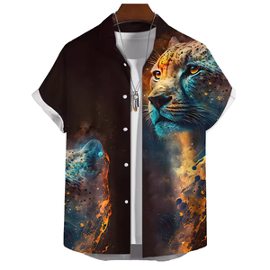 Người đàn ông sang trọng của hoa hổ Áo sơ mi quá khổ ngắn tay áo thoáng khí dệt kim Hawaii Áo mùa thu đứng cổ áo giản dị chính thức - Product Image 3