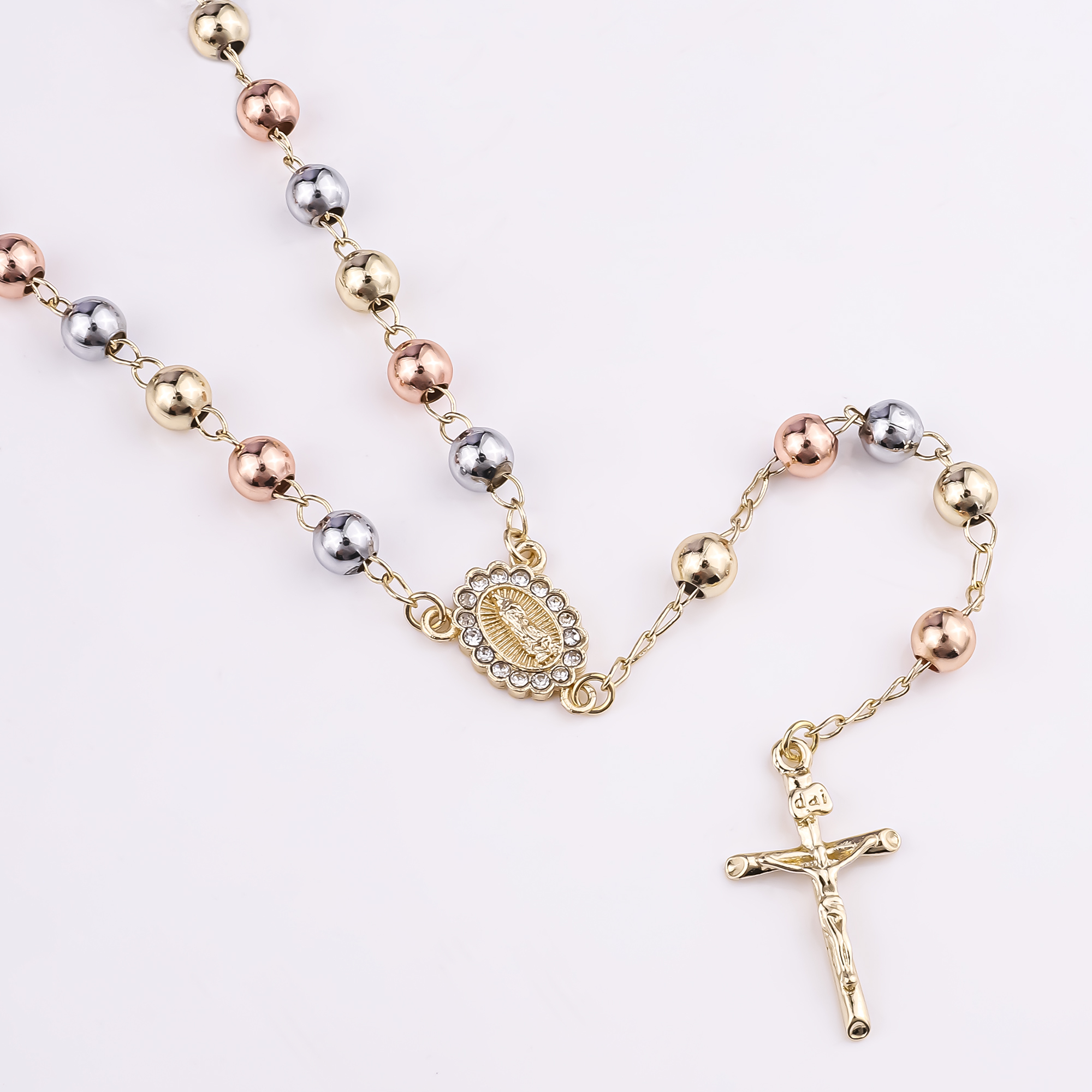 Collana rosario unisex oro giallo con madonna e croce