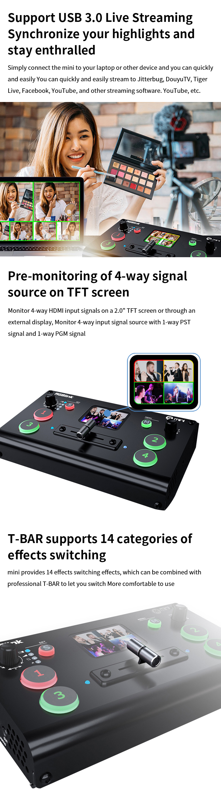 RGBlink Mini/Mini pro Video Switcher 4 Channel Input Output USB 3.0 T-Bar Switch Support PC and APP control For Live Streaming