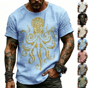 Pronta Consegna dalla Taglia S alla 3XL, T-Shirt Vintage Effetto Lino con Stampa Polpo Dorato, 140gsm, Asciugatura Rapida, Vestibilità Comoda Estiva, Maglietta Casual da Uomo - Product Image 1