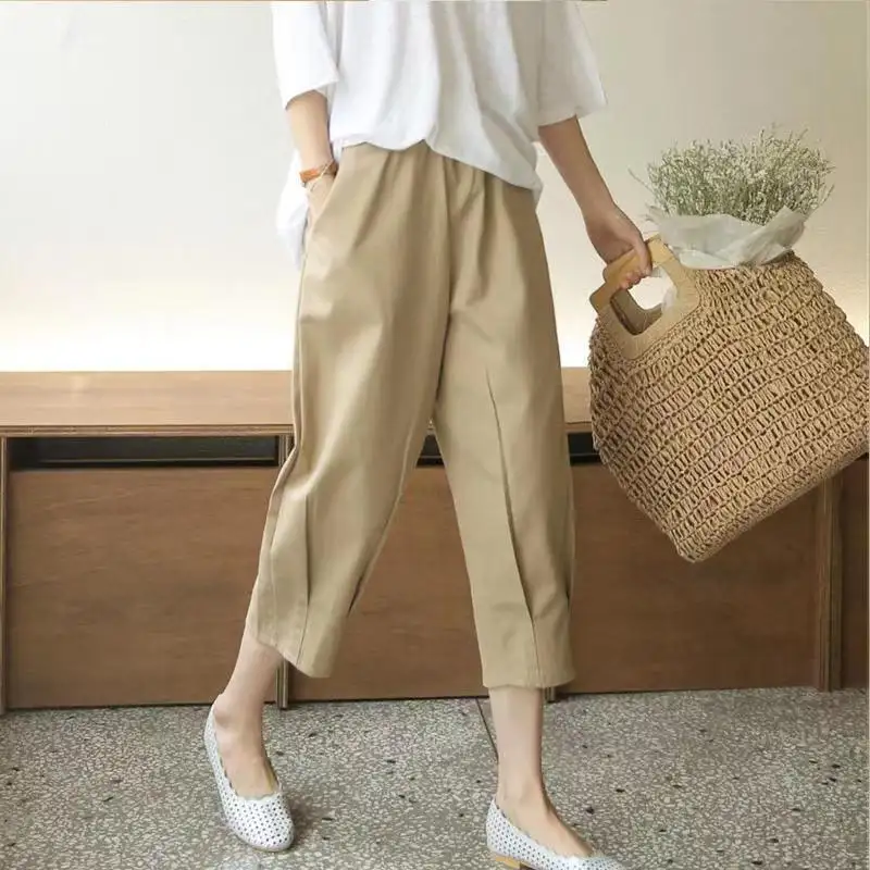 2023 Phụ Nữ Cộng Với Kích Thước Cotton Linen Capri Quần Mùa Hè Mỏng Cao Eo Capri Harem Quần