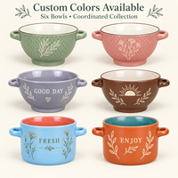 Bol à soupe en céramique style ferme à double poignée, imprimé floral, pour flocons d'avoine et salades, motif et couleur personnalisés, boîte cadeau, OEM ODM, vente en gros