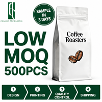 Sachet de café à fond plat en aluminium blanc imprimé sur mesure avec valve à fermeture éclair pour torréfacteur premium 250g 500g 1kg 12oz Marque privée