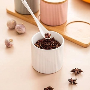 White Ceramic 300ml Porcelain Condiment Jar <b>Bamboo</b> Lid Spoon Cylinder Shape Handmade Gravure Printed Easter Spice <b>Container</b> Low - Product Image 3