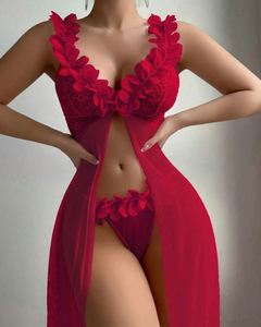 Robe <span class=keywords><strong>longue</strong></span> en maille transparente pour femmes, lingerie en dentelle, chemise de nuit avec bordure florale, personnalisable - Product Image 2