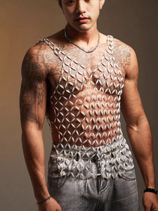 Gilet da uomo fatto a mano in maglia metallica, gioiello per il corpo, senza maniche, <span class=keywords><strong>con</strong></span> <span class=keywords><strong>perline</strong></span>, per Rave, Club, Feste, Stile Rete di Perle - Product Image 4