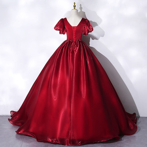 Burgundy Evening Gown V Neck Empire Waist Ball Gown Puffy Dress For Birthday Party Coming Of Age Ceremony Spring - Product Image 4