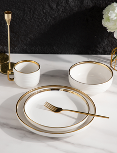 Juego de vajilla de cerámica blanca con borde dorado, vajilla de lujo personalizada al por mayor para hoteles, restaurantes, bodas, caja de regalo, supermercado - Product Image 5