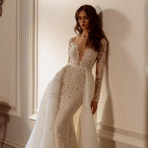 Vestido de Novia Sirena de Lujo con Mangas Largas, Encaje Brillante y Bordado, Cola Barrida/Escoba, Tallas Grandes, Moderno - Product Image 1