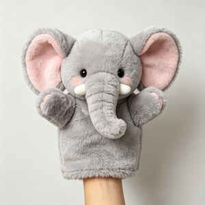 Marionnette éléphant grise moelleuse personnalisée avec oreilles intérieures roses et longues trompes blanches, pour des histoires interactives sur le thème du safari pour enfants - Product Image 3
