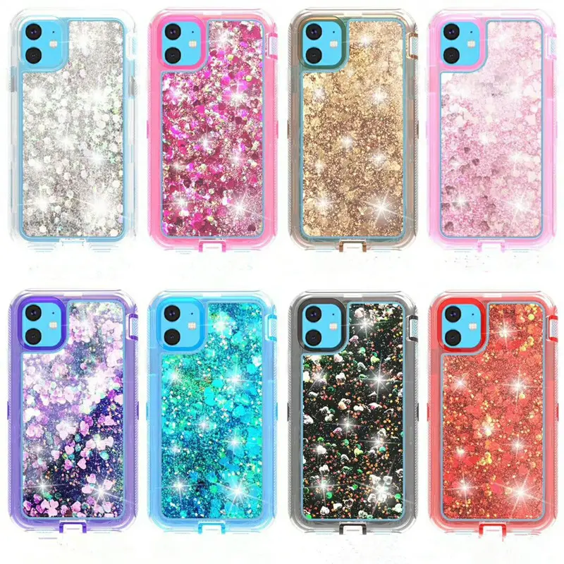 3 in 1 Full Cover Liquid Glitter Case for Samsung S10 Plus S7 Edge S9 Shockproof Customize Mobile Phone Shell for iPhone X Xi 8