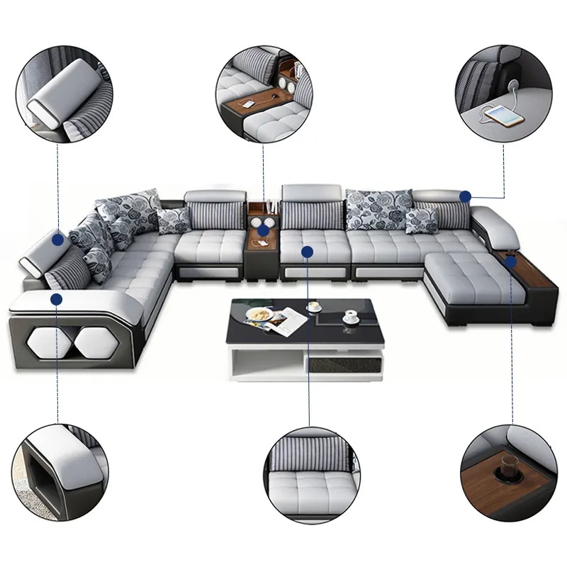 Conjunto de sofá inteligente popular de simplicidade moderna personalizável, com função de porta USB, tecido seccional com reprodutor de música, conjunto de sofá de canto