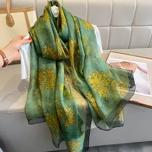 135x190cm 2023 Designer Flower Printed Silk Scarves For Women Green Yellow Stylish Hijab Beach shawl oversize scarf