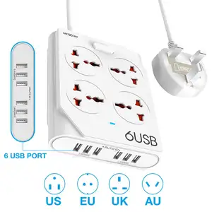 Universal Regleta de enchufes 4 Power Outlet Strip 6 salidas USB con enchufe EU UK 3.4A Interruptor de regleta