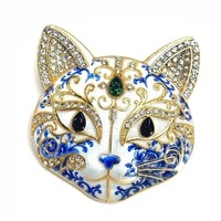 Broche animale en porcelaine bleue et blanche, émail et strass, motif chat et dragon, bijou