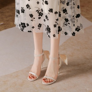 Heeled Sandals <b>Open</b> Toe Stiletto Heel High Heel Bow Decoration Pearl Chain Wedding Party Elegant Women's <b>Shoes</b> - Product Image 3