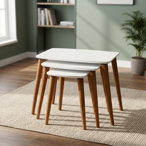 Modern Convertible Nesting <b>Coffee</b> <b>Tables</b> White Laminate Top Wood <b>Legs</b> Midcentury Design Living Room Furniture 2 Year Warranty - Product Image 3