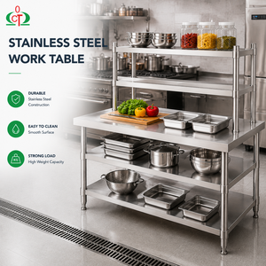 Plan de travail commercial en acier inoxydable avec égouttoir, table de cuisine robuste et stable, idéal pour les restaurants et usines - Product Image 1