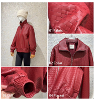 Blouson Bomber Unisexe en Cuir Véritable Tressé Bordeaux à Manches Longues, Fermeture Éclair sur le Devant, Ourlet Côtelé, Poches, Taille Personnalisée, Veste d'Automne