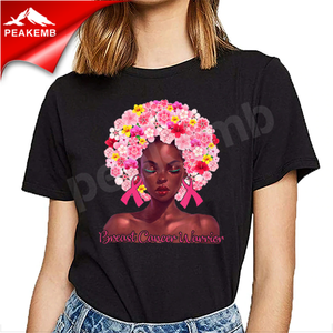 유방암 핑크 리본 아프리카 소녀 전송 디자인 면 O 넥 그래픽 t 셔츠 여성 - Product Image 3