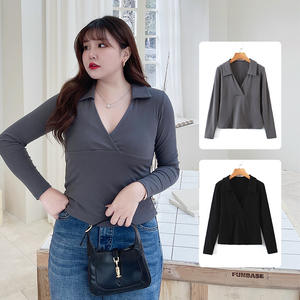 Camiseta Happy Hut Plus Size para mujer, camiseta de manga larga con cuello en V profundo, Top moderno ajustado para mujer de talla grande N8297 - Product Image 2