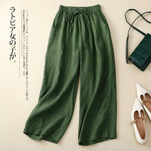 Women's Summer <b>Elastic</b> Waist Wide Leg Pants Solid Color Cotton Linen Casual Breathable Loose Fit Cropped Style - Product Image 1