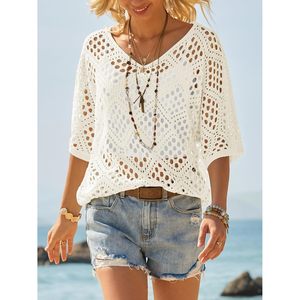 Haut cache-maillot en crochet personnalisé pour femme, pull ajouré d'été, style bohème, pour la plage, 100% coton - Product Image 3